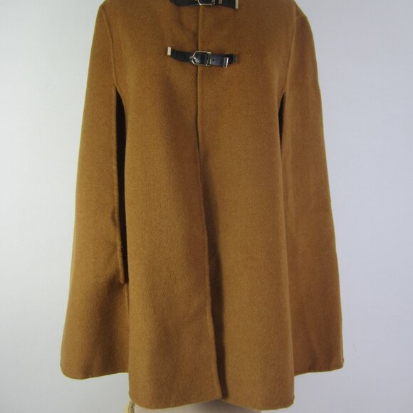 Zara Women Camel Cape Wool Blend Hand Made Faux Leather Buckles Relaxed - Picture 11 of 12